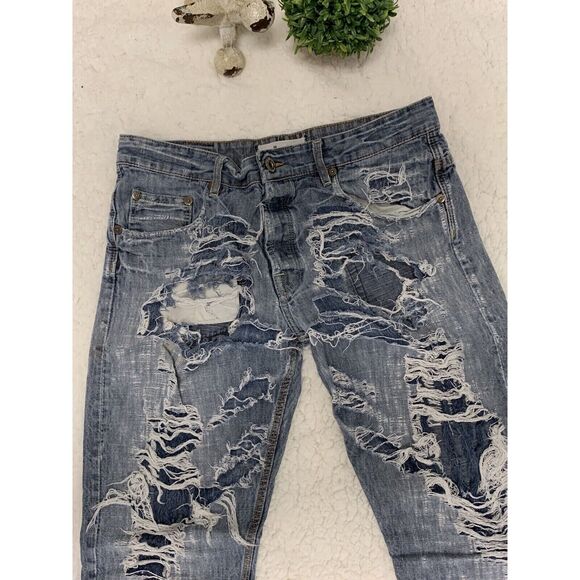Pollution Jeans‎ Mens 36x33 shredded destroyed denim casual Blue Grunge - Picture 1 of 8